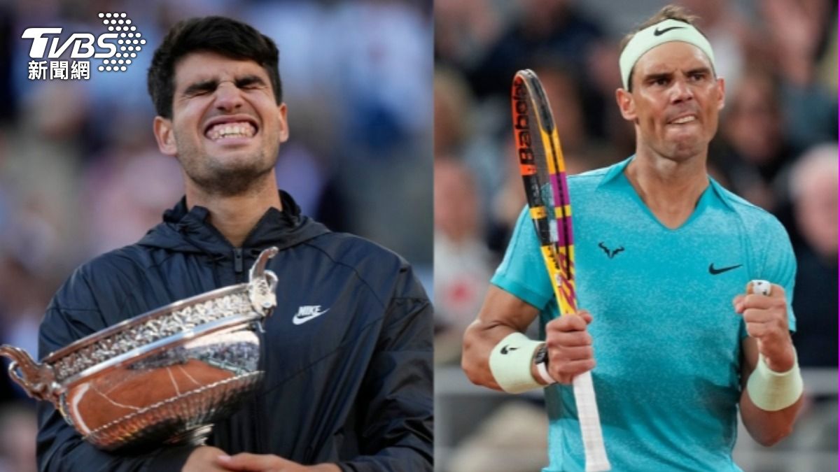 西班牙新生代好手（左）艾卡拉茲（Carlos Alcaraz）將與同胞（右）納達爾（Rafael Nadal）組成雙打搭檔，參加下月開幕的巴黎奧運。（圖／達志影像美聯社）