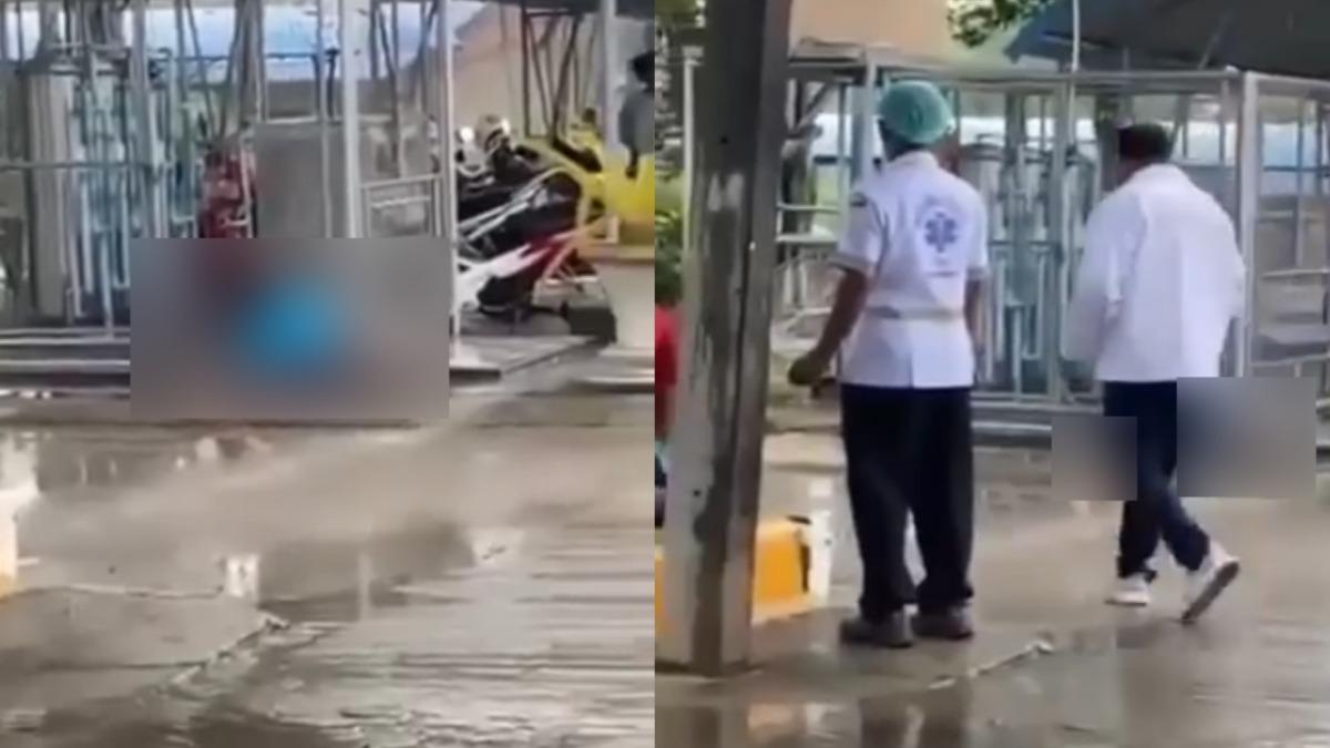 男高中生疑觸電倒地後，在場師生遲遲不敢上前救援。（圖／翻攝自ข่าวตรัง news in trang臉書）