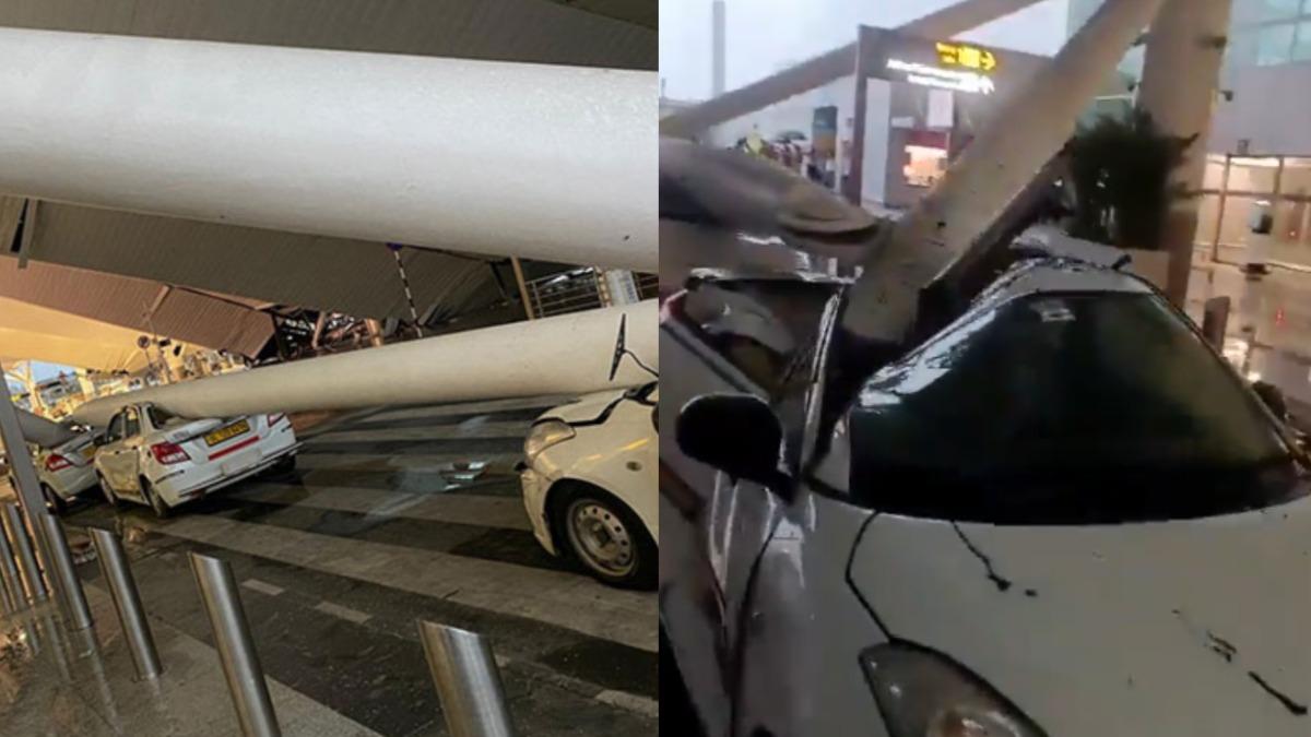 印度德里機場屋頂崩塌，多輛車遭重壓。（圖／翻攝自Ｘ＠NAR_Handle、＠snehamordani）