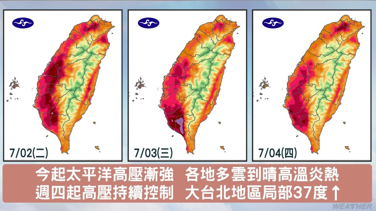 太平洋高壓增強，天氣持續高溫炎熱，各地高溫約32-36度。（圖／TVBS）