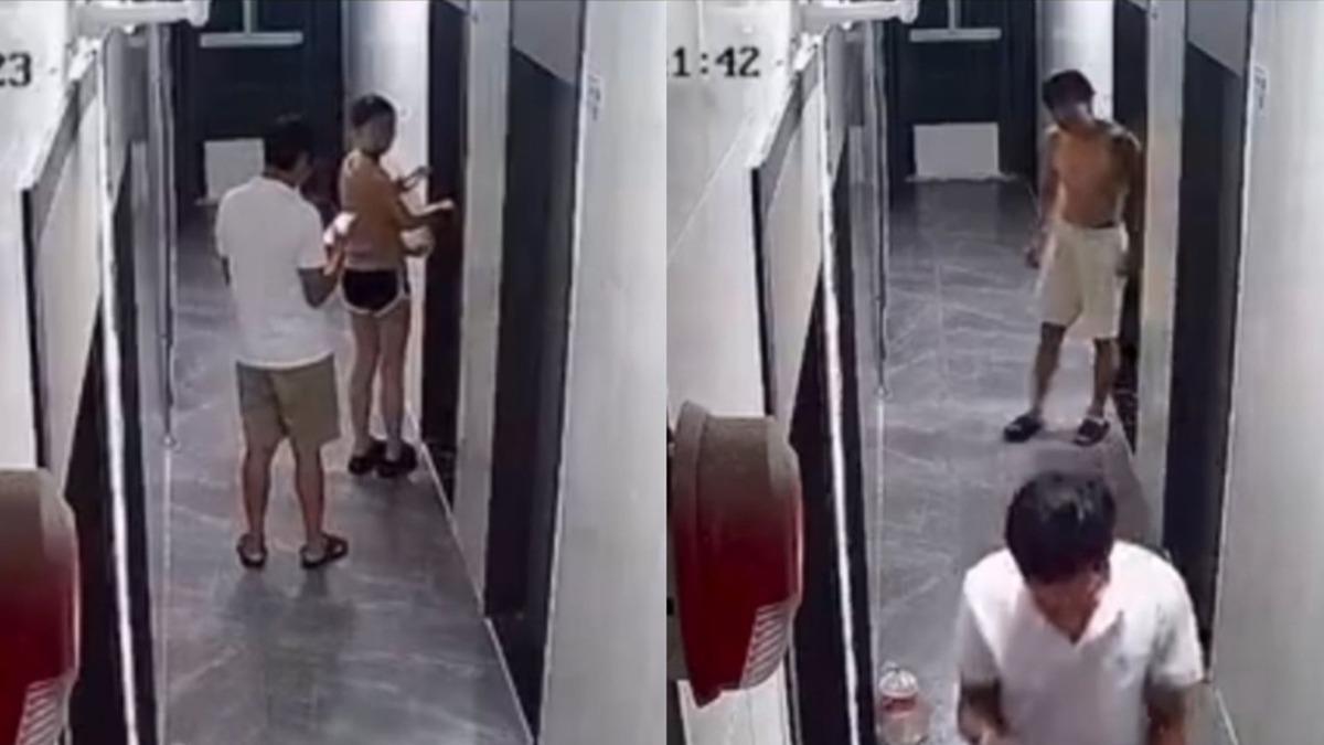 中國一名怪異男尾隨女子到家門口（右），女子進門後男子正要闖入，不料下秒馬上轉身離去，只見一名打赤膊的肌肉男從門內走出。（圖／翻攝自微博）