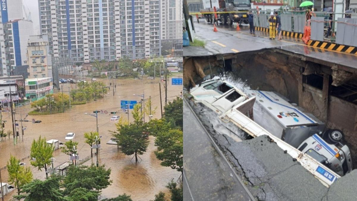 韓國暴雨導致釜山多處淹水，道路坍塌。（圖／翻攝自X@catbug1013、SBS）