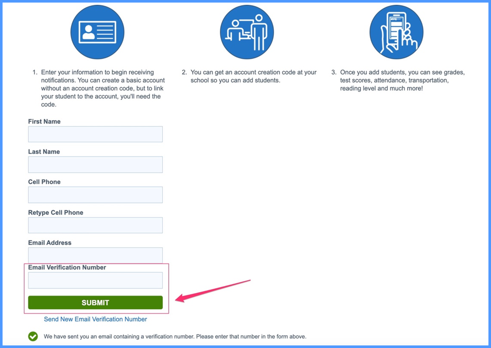 Information page with “email verification number” box squared in red