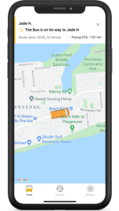 the map view from within the school bus application. The top of the screen provides a brief status, stating that 