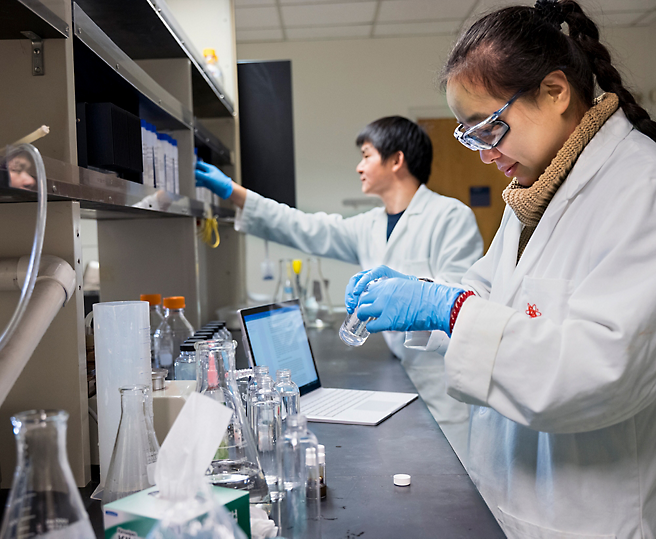 Two scientists working in a laboratory, handling experimental equipment and samples.