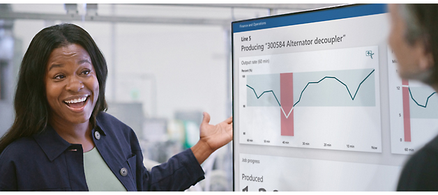 A woman presenting in a meeting with a man and digital screens displaying data in the background. A smiling woman gestures towards a screen displaying production data graphs 