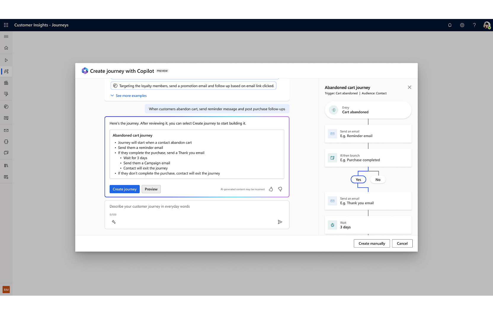 Screenshot of the 'Create journey with copilot preview' and 'Abandoned cart journey' section besides