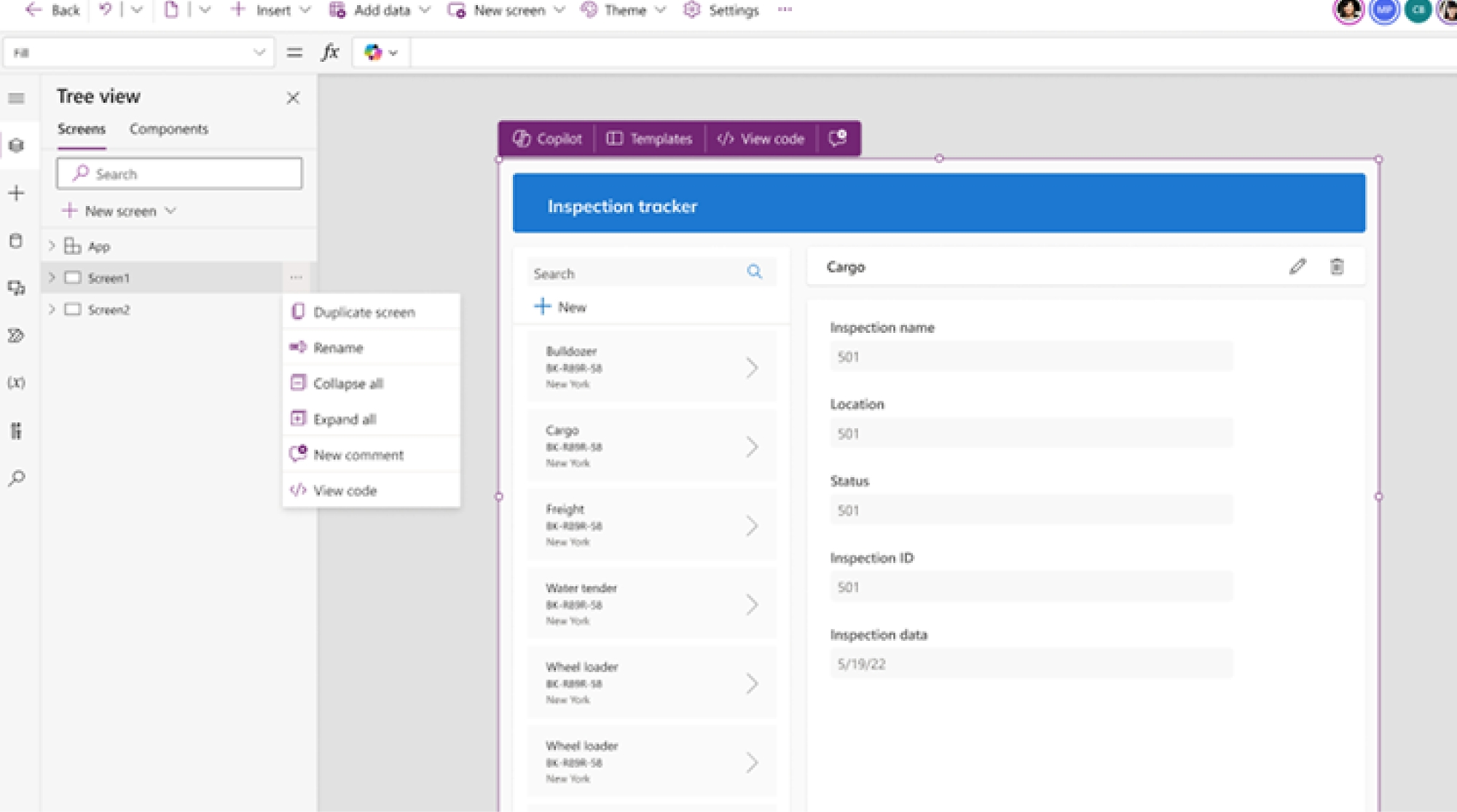 Screenshot eines Computerbildschirms mit einer Anwendungsschnittstelle „inspection tracker“ mit verschiedenen Feldern für die Dateneingabe 