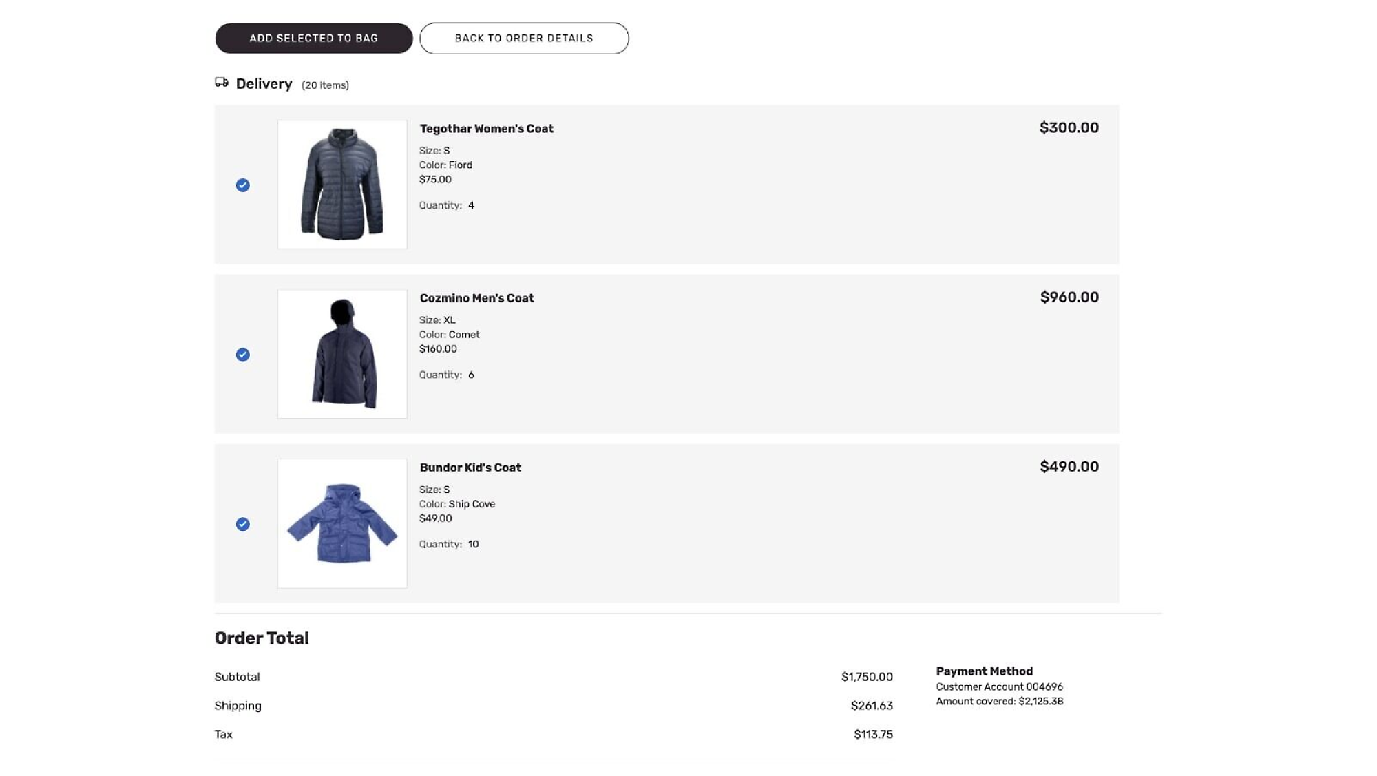 Shopping cart summary with items and prices, totaling USD 1750.00. Payment method: Customer Account004. Amount covered: USD 52,125.38.