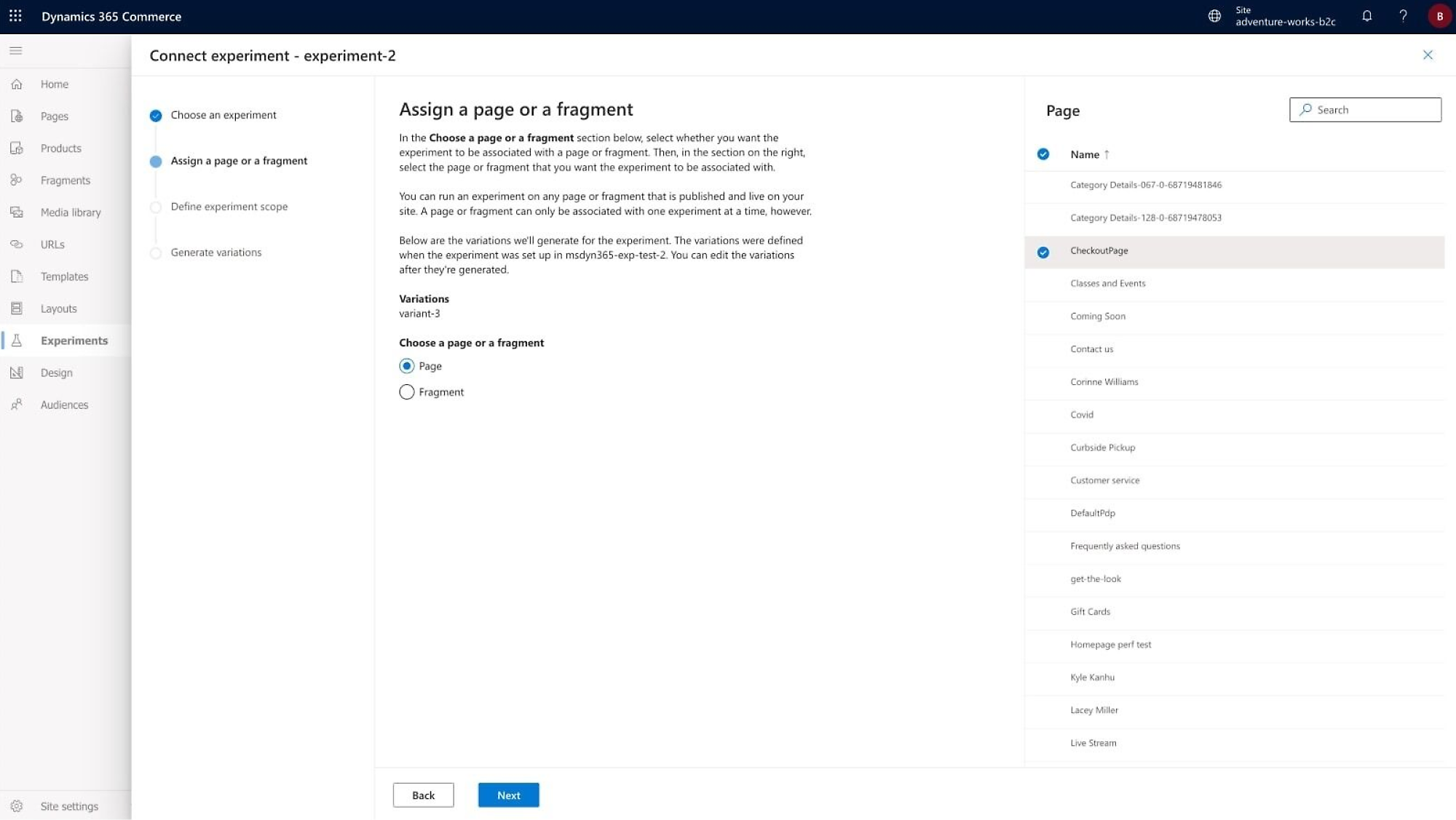 Dynamics 365 Commerce：使用頁面和片段選項實驗介面。針對版面配置測試定義的變化。