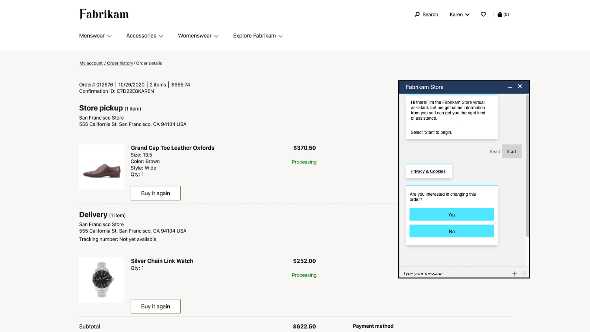 Order confirmation from Fabrikam with pickup and delivery details, including items, quantities, and payment information