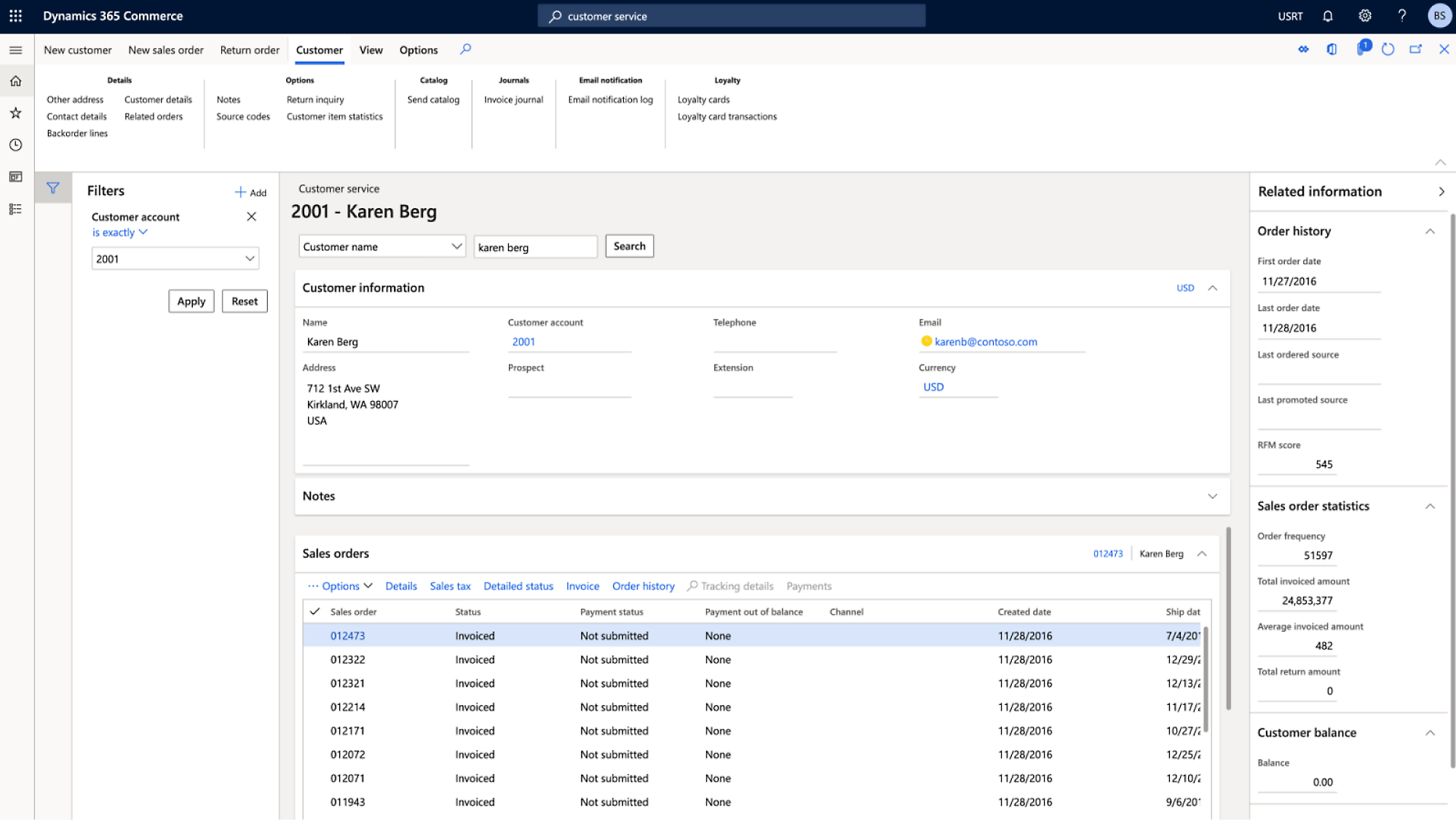 Dynamics 365 Commerce screen showing customer details for Karen Berg, including address, order history, and sales statistics