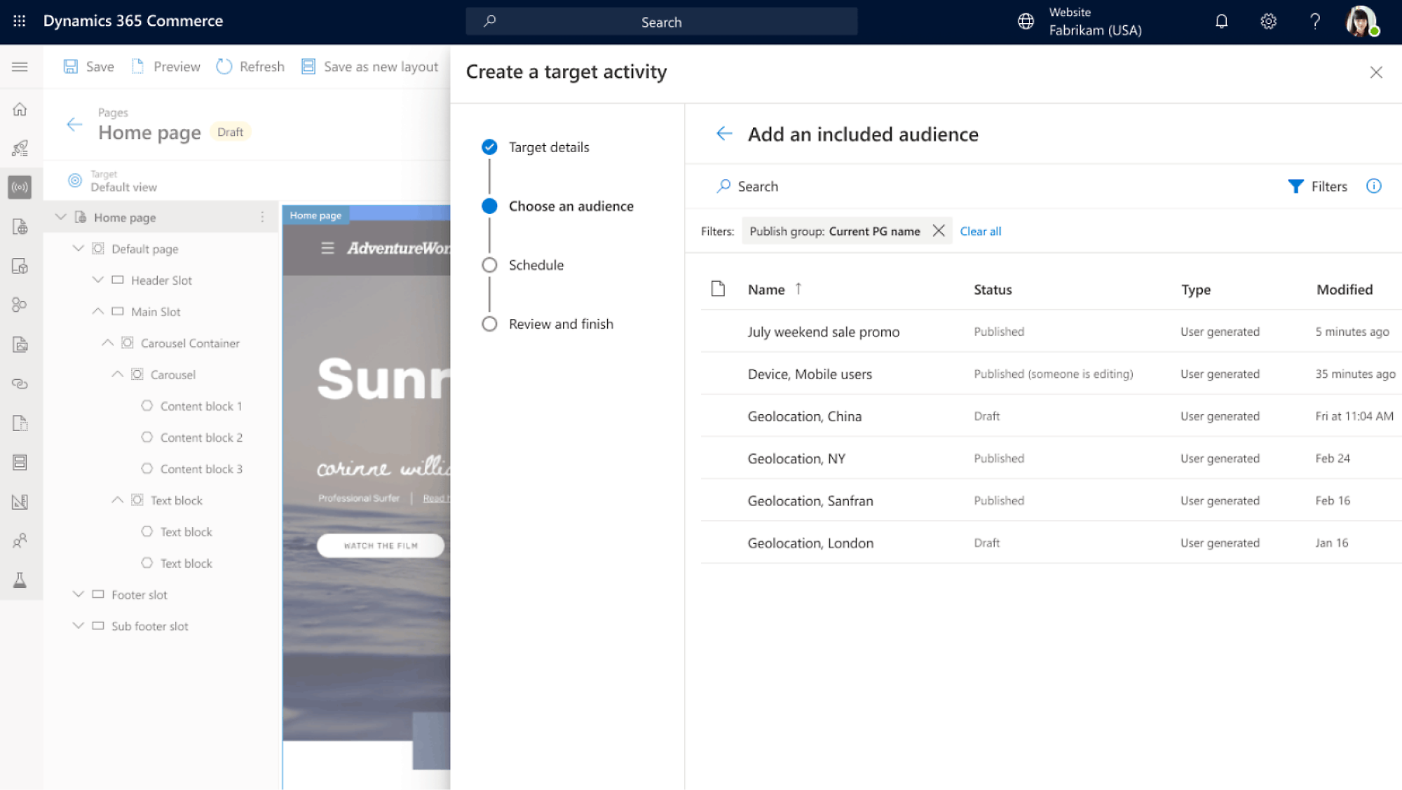 Dynamics 365 Commerce 介面的螢幕擷取畫面，顯示具有各種內容區塊和設定的頁面佈局編輯器