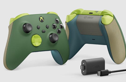 Front and back view of the Xbox Wireless Controller – Remix Special Edition made with recovered plastics along with the Xbox Rechargeable Battery Pack.
