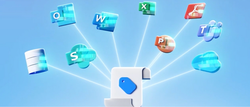 Ícones de aplicações do microsoft office, como o word, o excel e o teams, a orbitar em torno de um modelo 3d central 