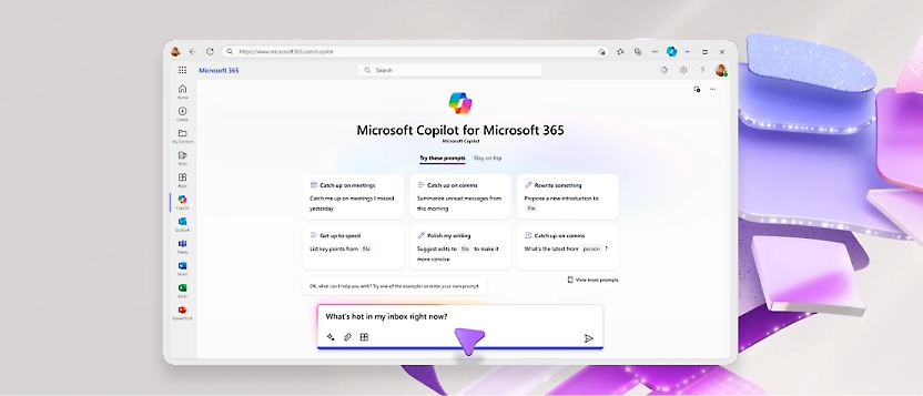  Página da Web do Microsoft Copilot para o Microsoft 365 a exibir funcionalidades e um pedido de texto num fundo roxo claro.