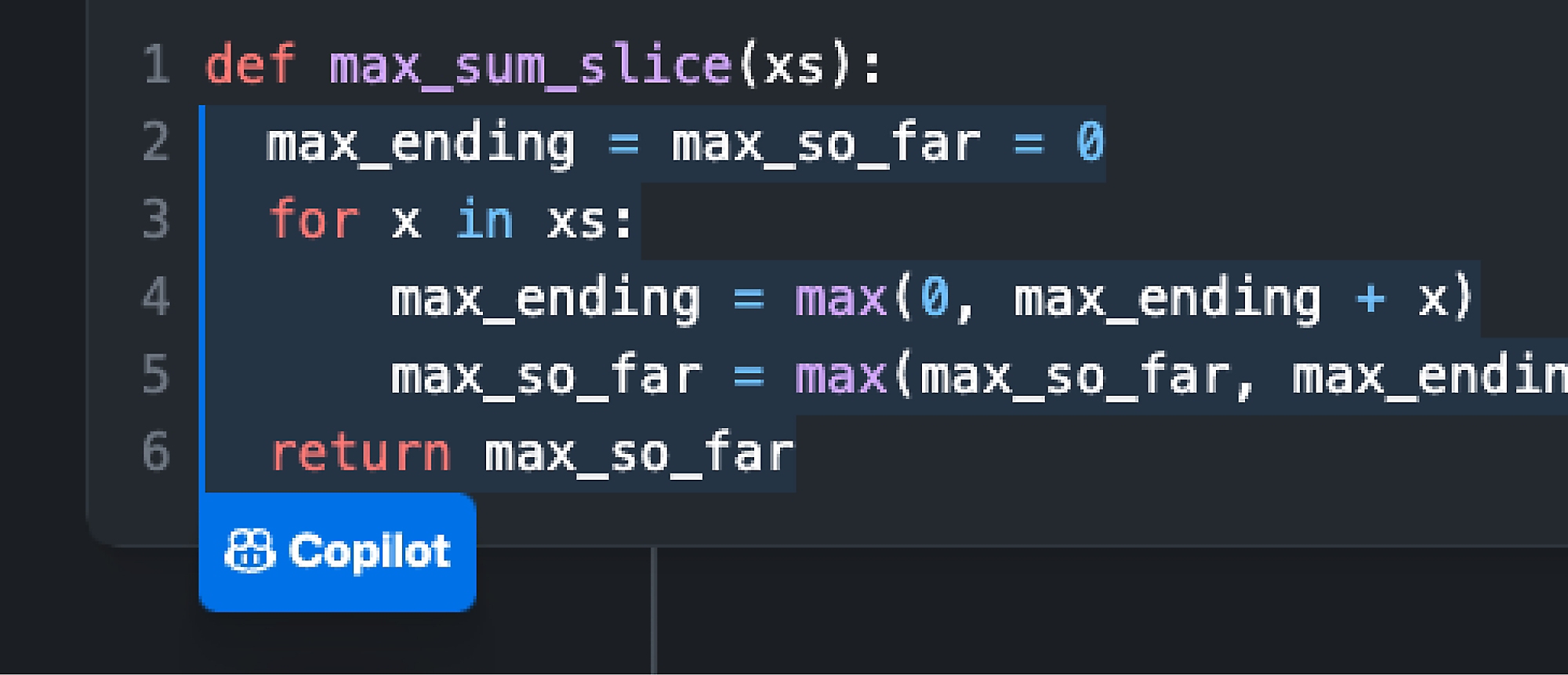 已重叠 Copilot 按鈕之程式碼區塊的螢幕擷取畫面