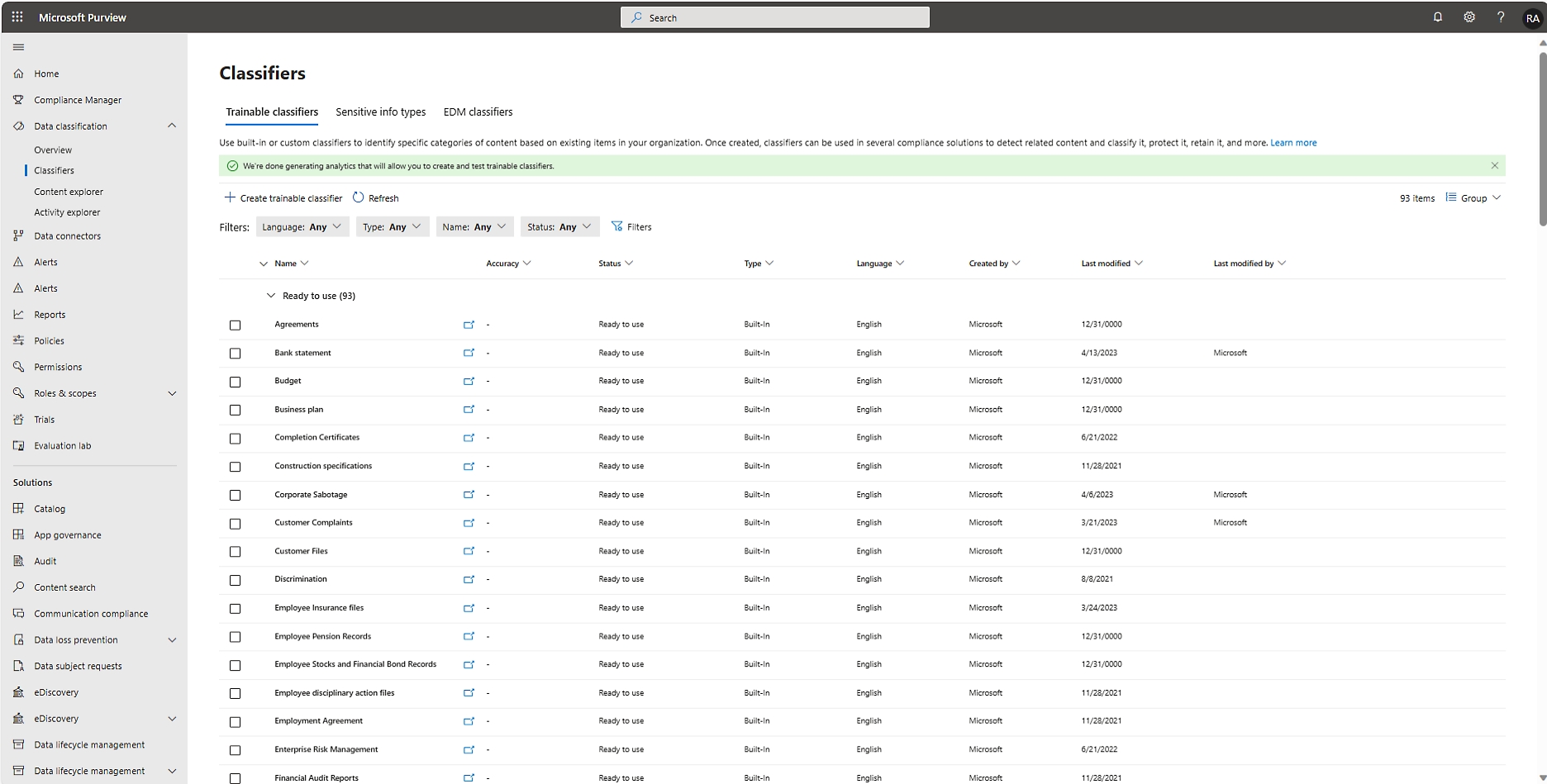 O portal do Microsoft Azure mostra uma tabela de classificadores no language studio, incluindo IDs, nomes e detalhes de estado.