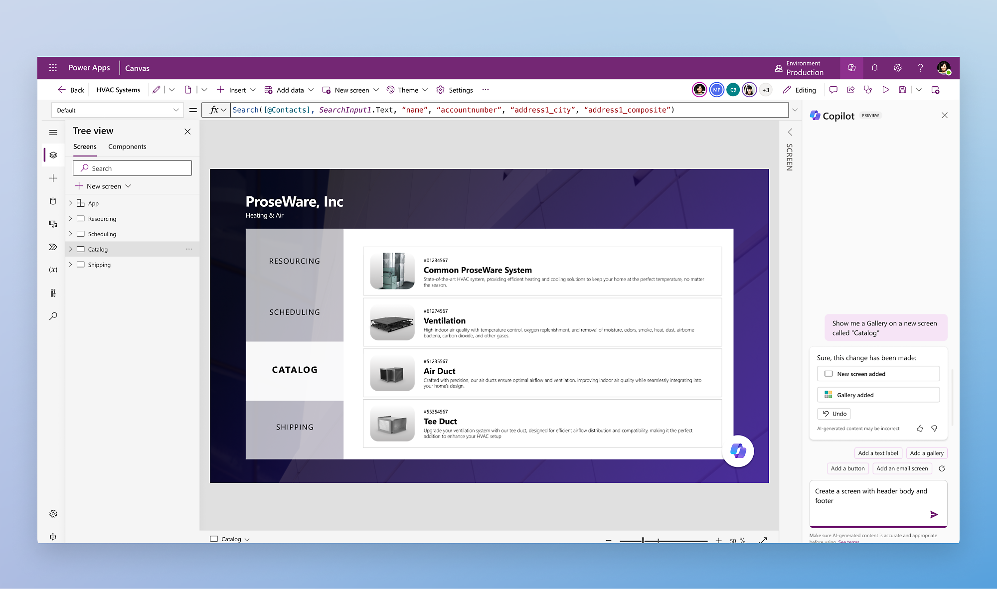 Camas Power Apps settings for HVAC system with Copilot, tree view, scheduling, ventilation, catalog, and shipping.