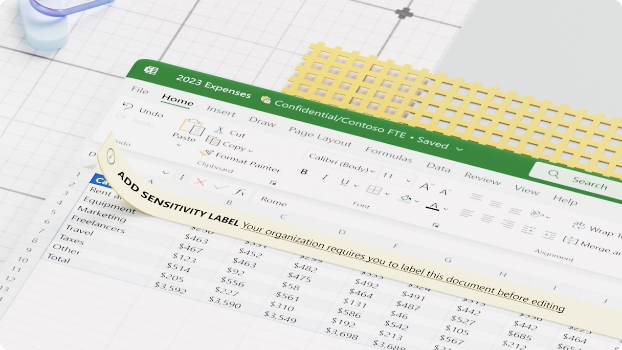 folha de cálculo intitulada "2023 Expenses Confidential/Contoso FTE" com várias categorias de despesas e respetivos valores