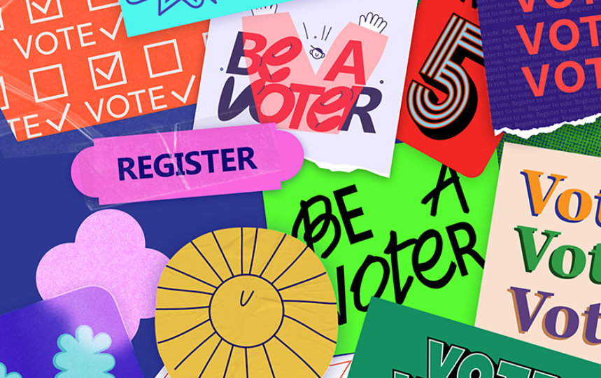 Brightly colored stickers that encourage registering to vote and voting on November fifth.