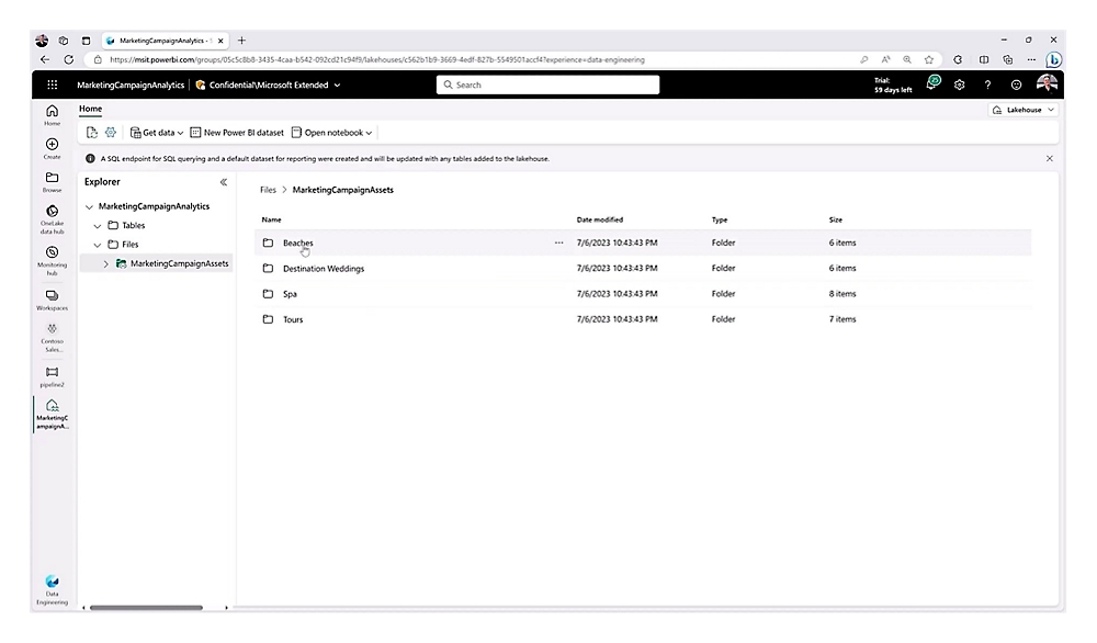 Marketingkampagnen-Analyseschnittstelle, die Daten, Dateien und Ordner in Power BI anzeigt.