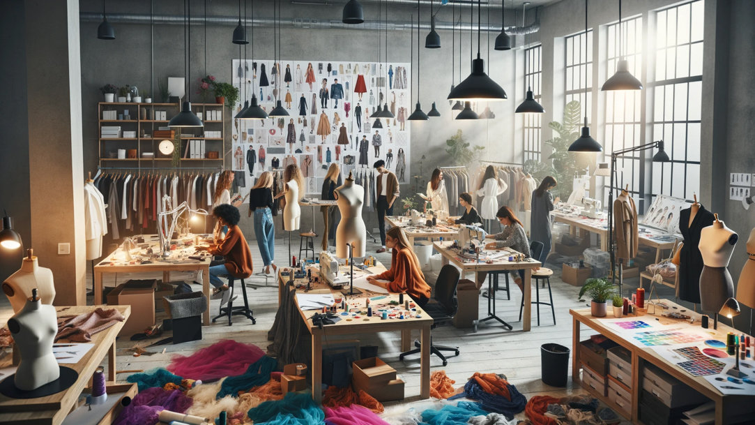 A large, bustling fashion design studio