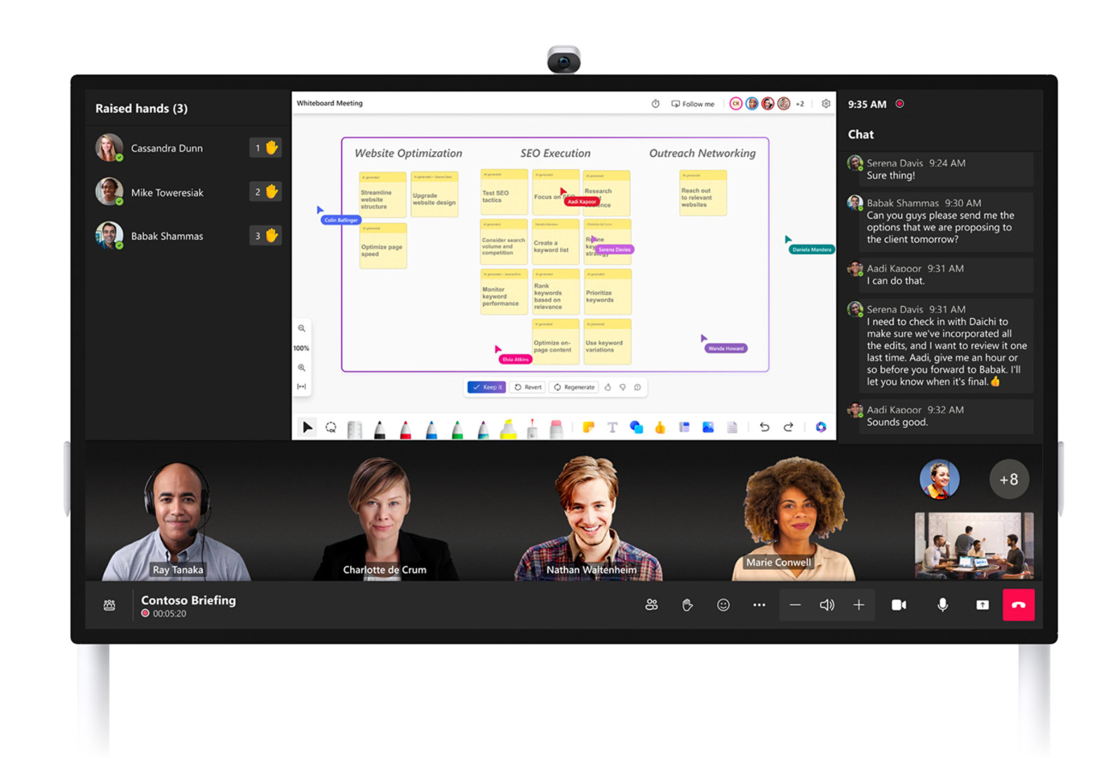 Una imagen que muestra Surface Hub 3 de 85 pulgadas en una llamada de Teams durante una sesión de trabajo en colaboración