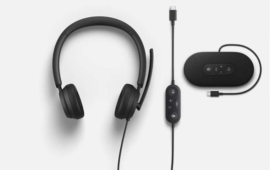 A render showing Microsoft Modern USB Headset and Microsoft Modern USB-C Speaker