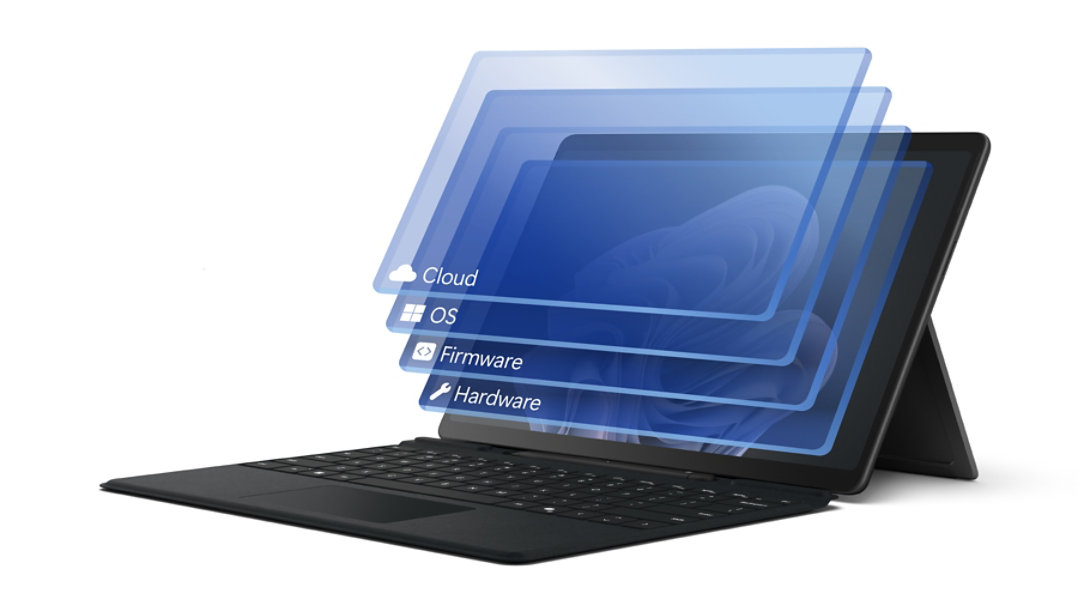 Render of Surface Pro 10 with a graphic detailing the multiple layers of security