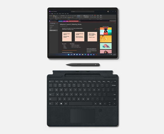 Surface Pro 8 in Tablet Mode alongside Surface Pro Signature Keyboard and Surface Slim Pen 2 to highlight portability