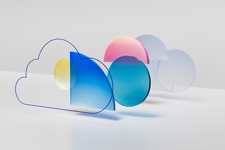 抽象 3D 圖形，包括雲的輪廓、圓形和半圓形，以藍色、粉紅色和黃色等色調排列
