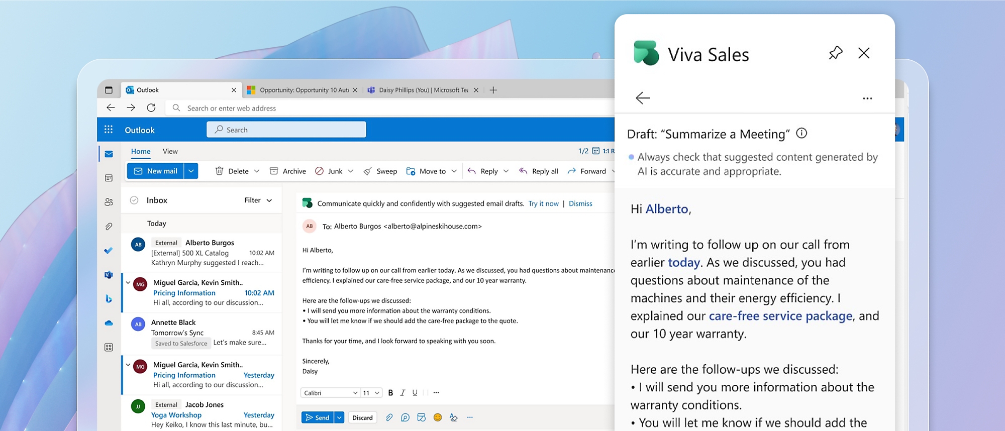 Microsoft Outlook 已開啟，且 Viva Sales 視窗已隨即開啟