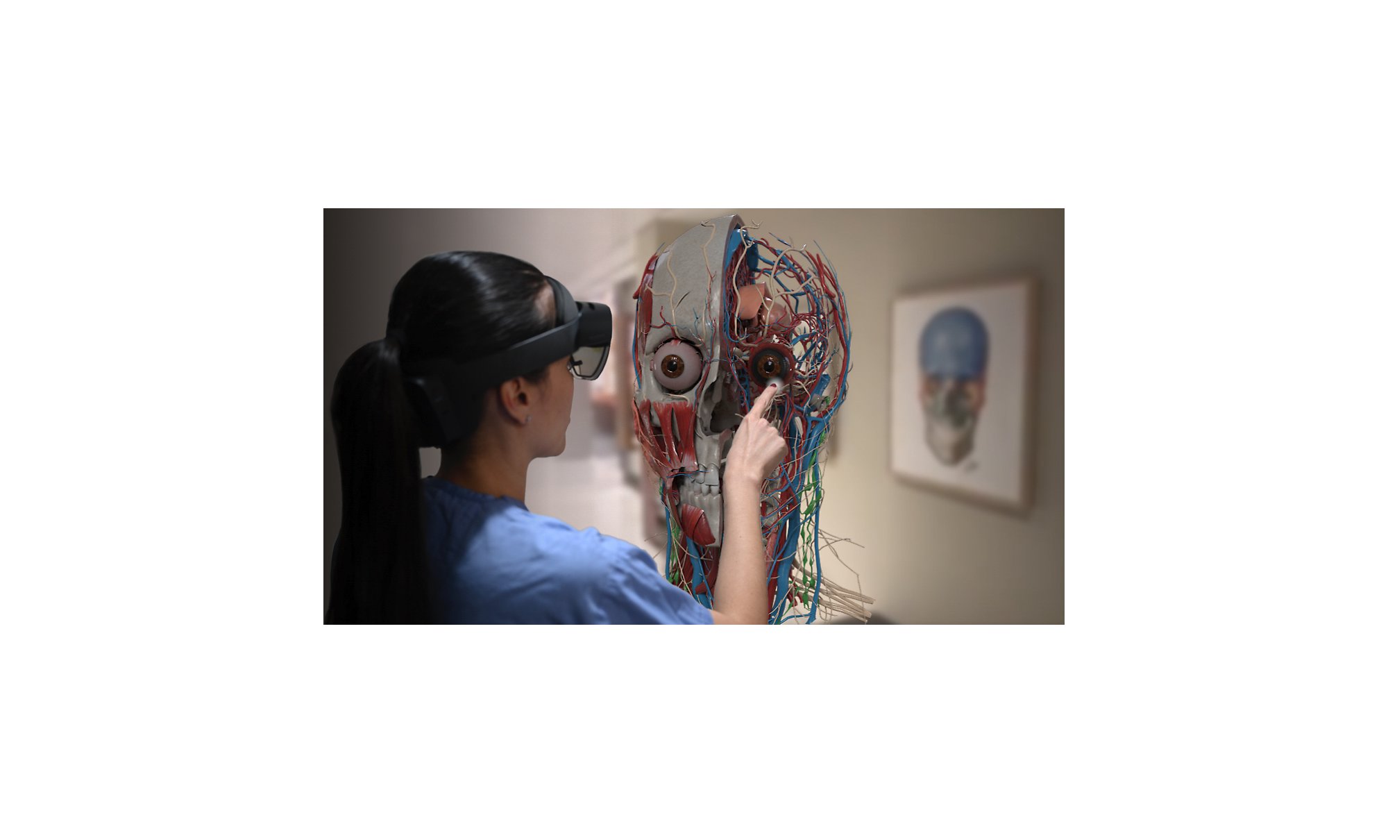 A person looking inside of a human head in augmented reality with HoloLens 2.