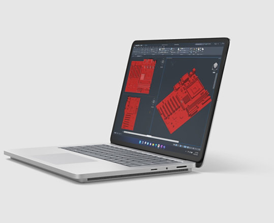 Illustrasjon av Surface Laptop Studio 2 med Revit-program på skjermen