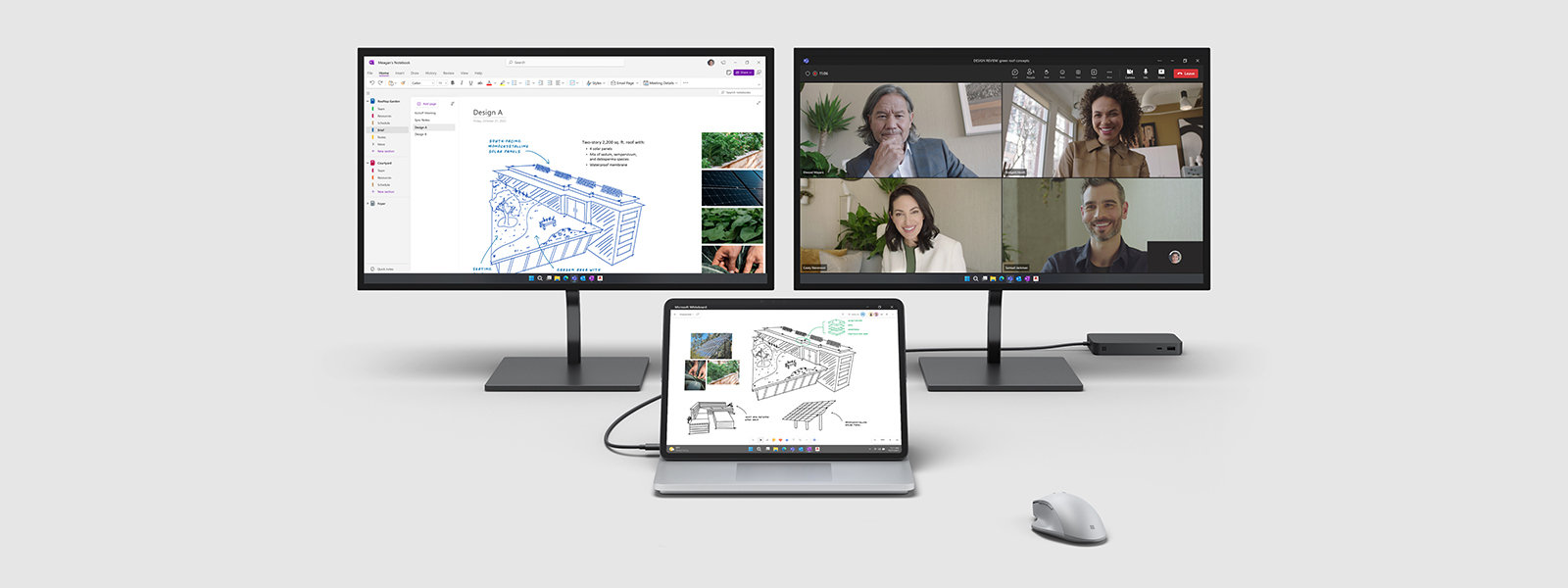 Surface Laptop Studio 2 sett tilkoblet to eksterne skjermer med ulike Microsoft-applikasjoner på skjermene