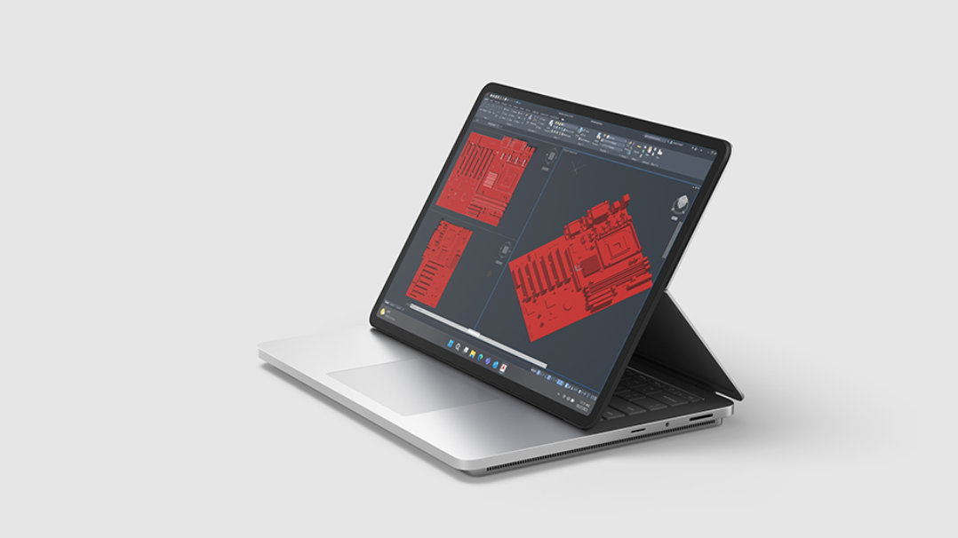 Surface Laptop Studio 2 i studiomodus med Revit-applikasjonen på skjermen