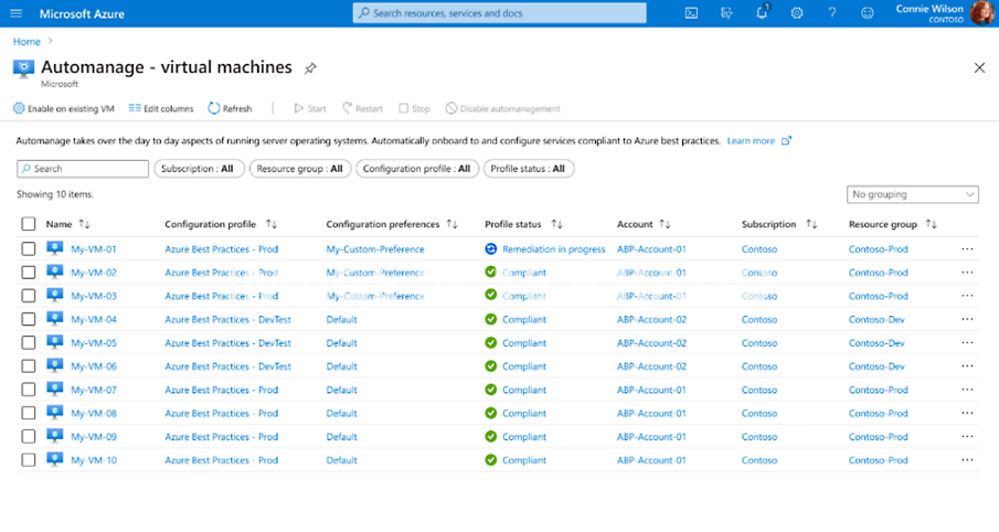 A list of virtual machines in Automanage