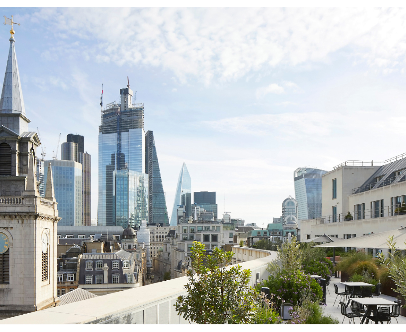 A skyline view of city skyscrapers