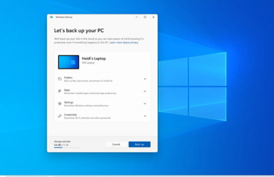 Windows Backup screen showing user laptop, folders, apps, settings, and credentials