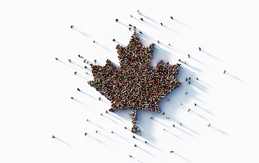 A flock of people forms a maple leaf.