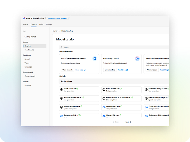 A window showing azure ai model catalog models.