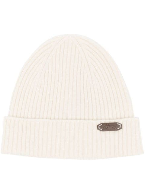 Brioni logo-patch ribbed-knit beanie 