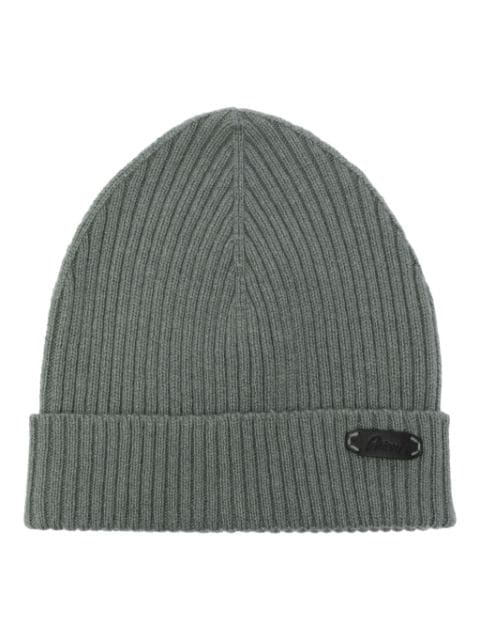 Brioni logo-patch ribbed-knit beanie