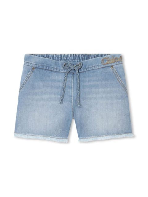 Chloé Kids logo-embroidered fringed denim shorts