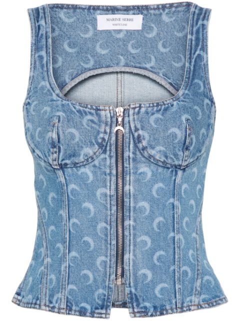 Marine Serre Crescent-Moon-Print denim top