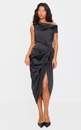 Black Satin Off The Shoulder Draped Skirt Midi Dress