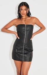 Black Coated Denim Exposed Seam Zip Up Bandeau Dress