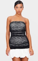 Black Lace Bandeau Puff Hem Mini Dress