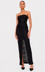 Black Mesh Floral Detail Bandeau Maxi Dress